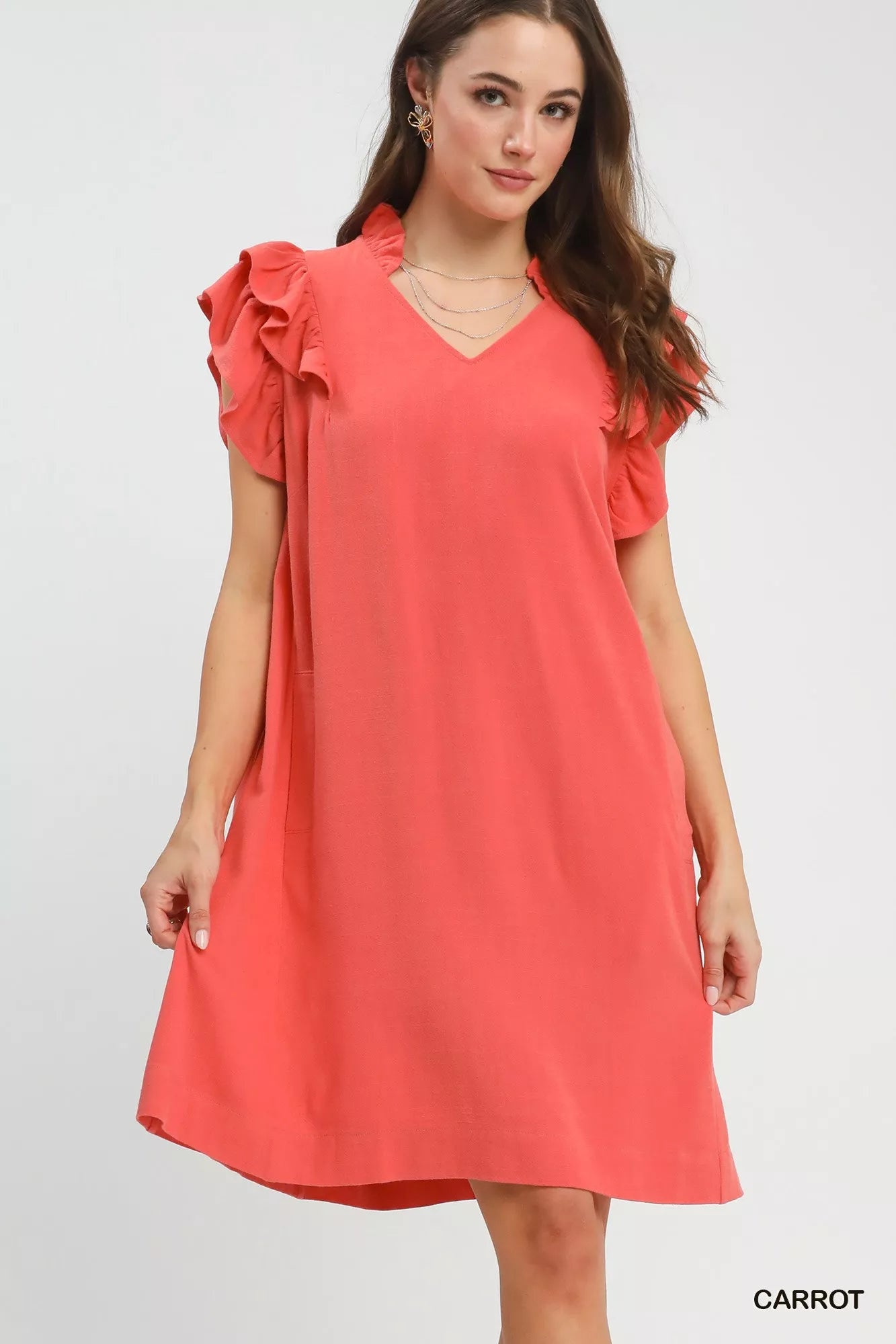 Umgee Carrot Orange Linen Flutter Sleeve Shift Dress with Pockets Front View