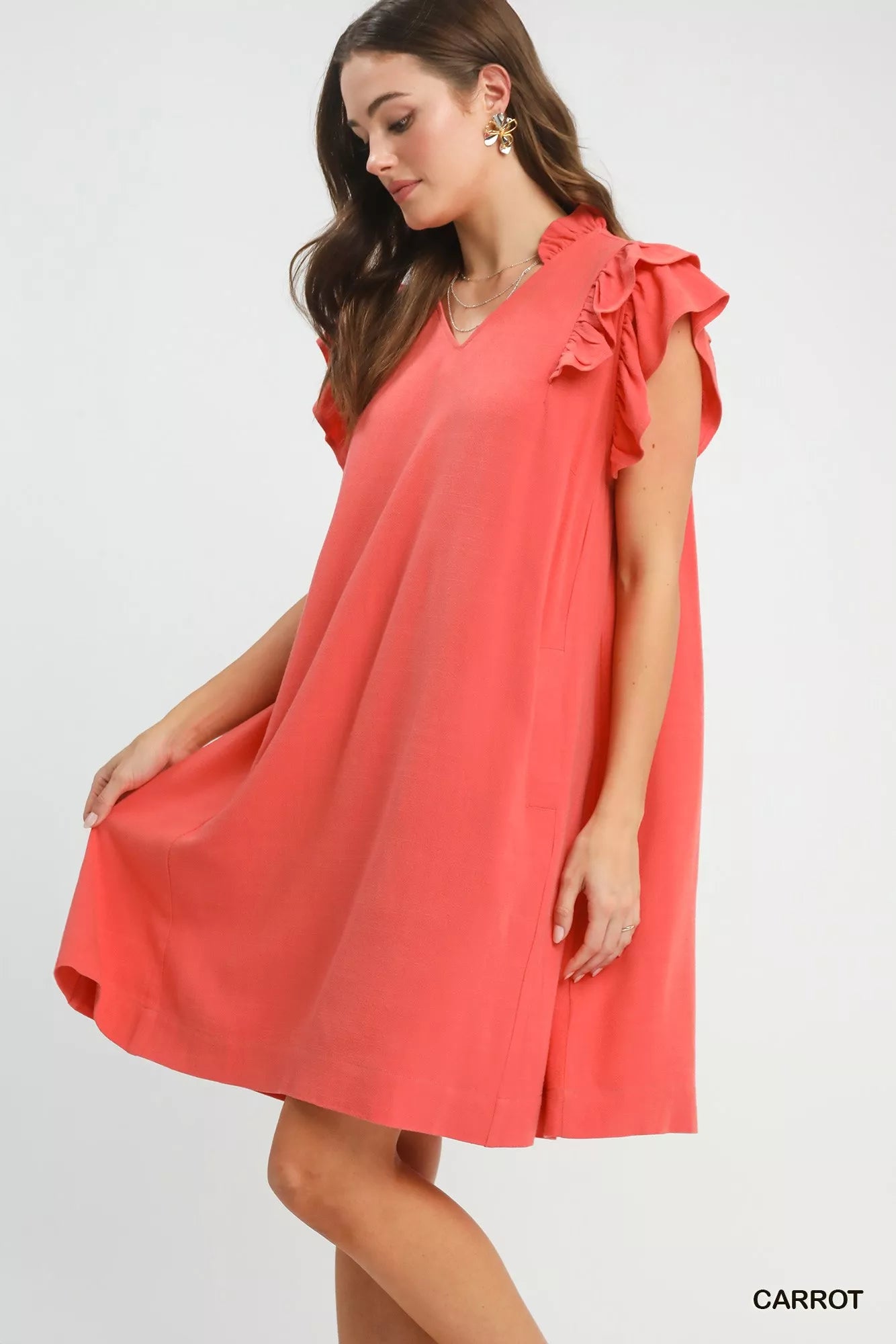 Umgee Carrot Orange Linen Flutter Sleeve Shift Dress with Pockets Side View