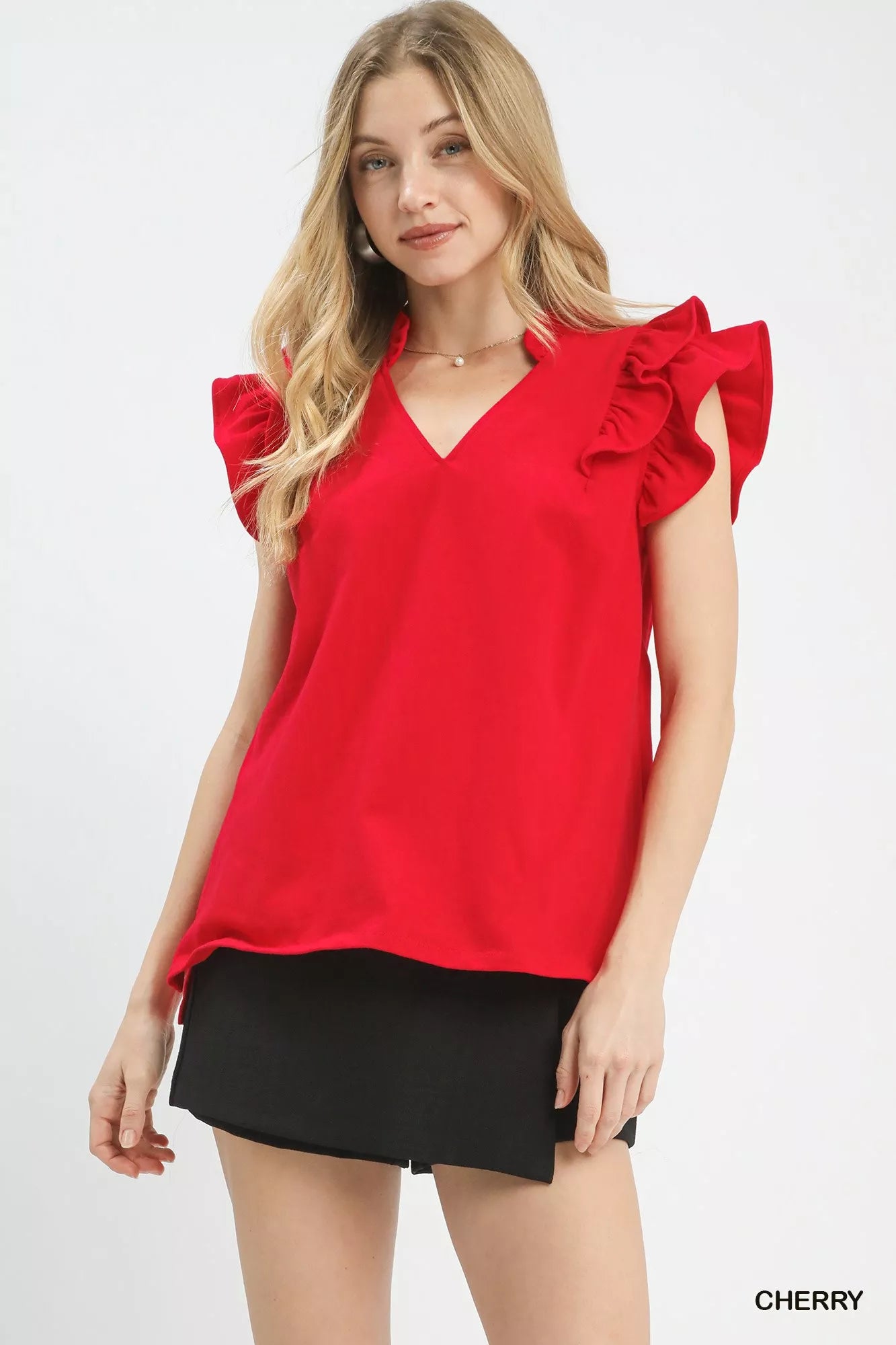 Umgee Cherry Red Ruffle Sleeve V-Neck Top
