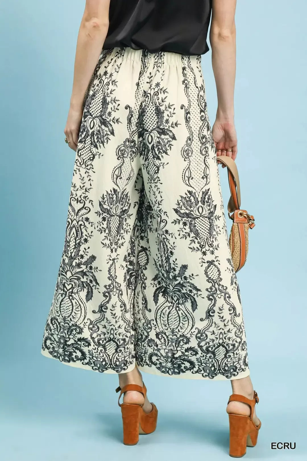 Umgee Ecru Border Print Wide Leg Pants Back View