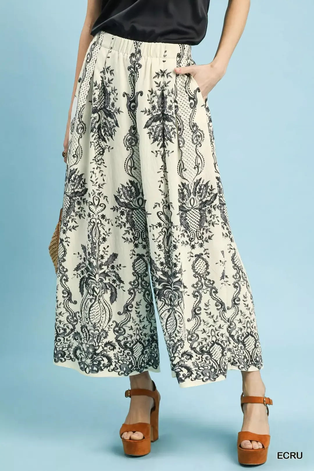 Umgee Ecru Border Print Wide Leg Pants Front View