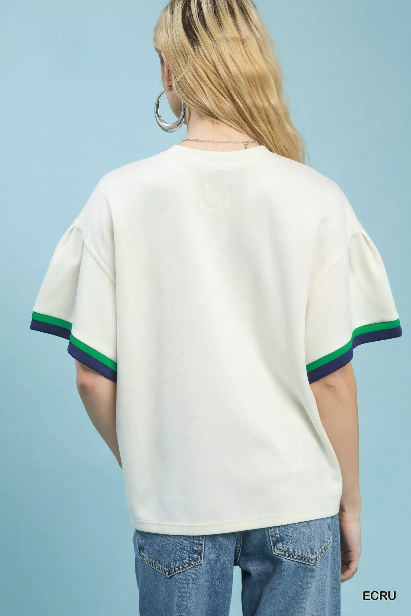 Umgee Ecru Contrast Trim Bell Sleeve Top Back View