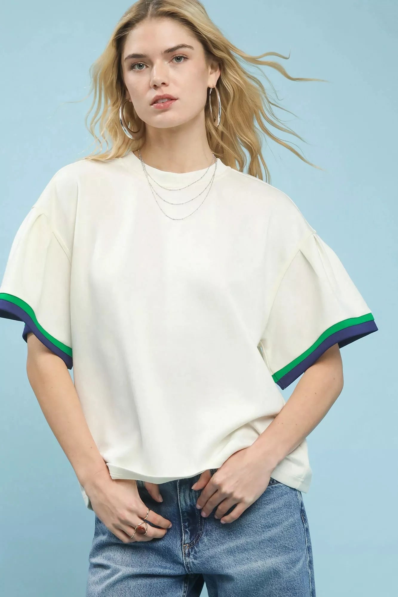 Umgee Ecru Contrast Trim Bell Sleeve Top Front View