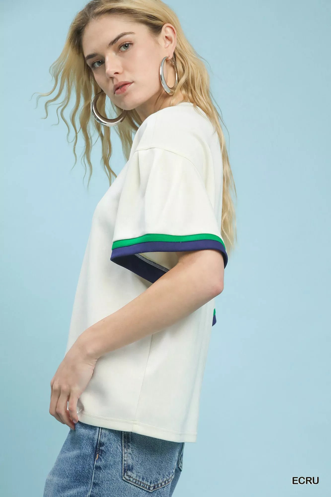 Umgee Ecru Contrast Trim Bell Sleeve Top Side View