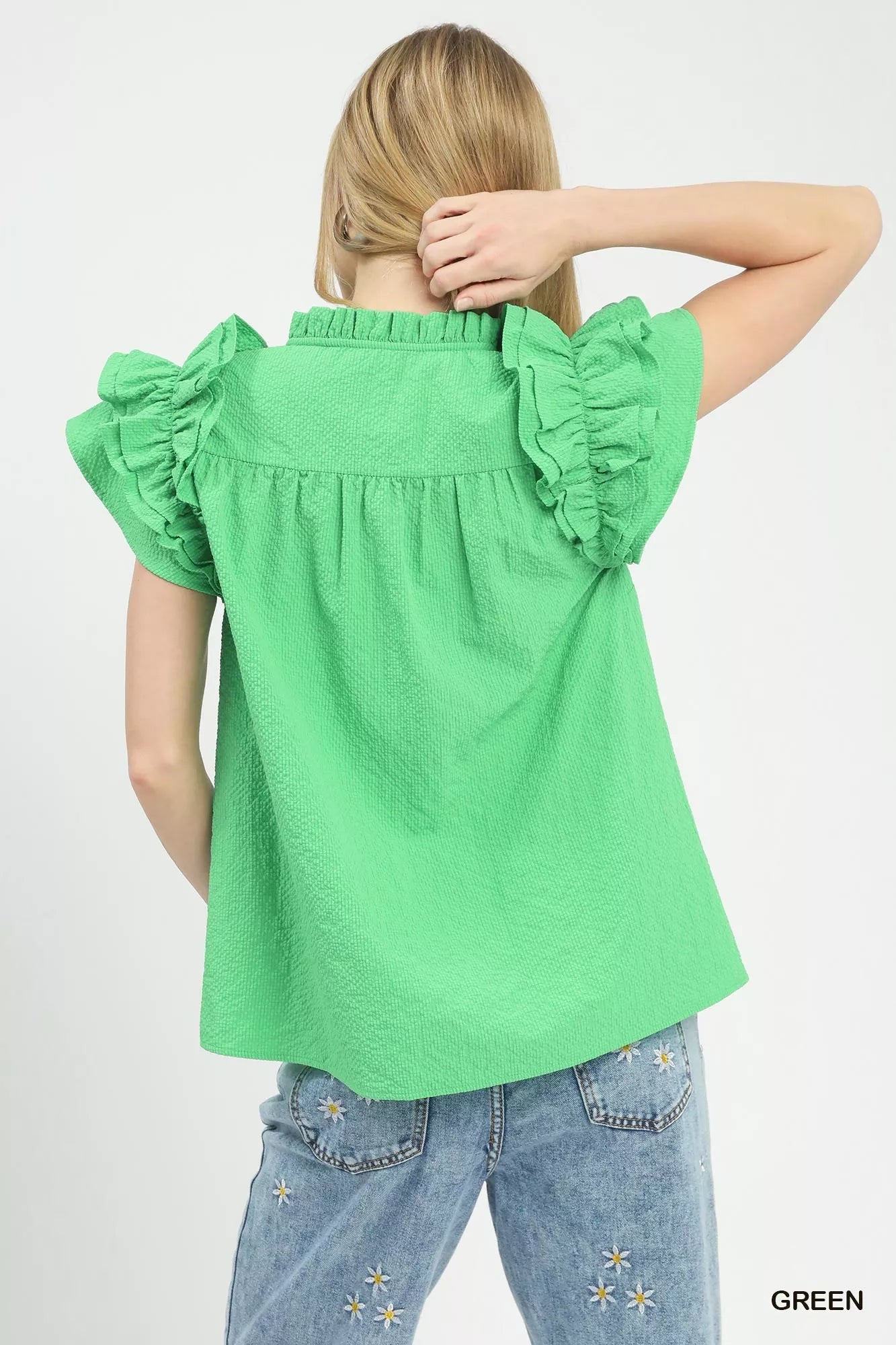 Umgee Green Textured Ruffle Sleeve Notched Top Back