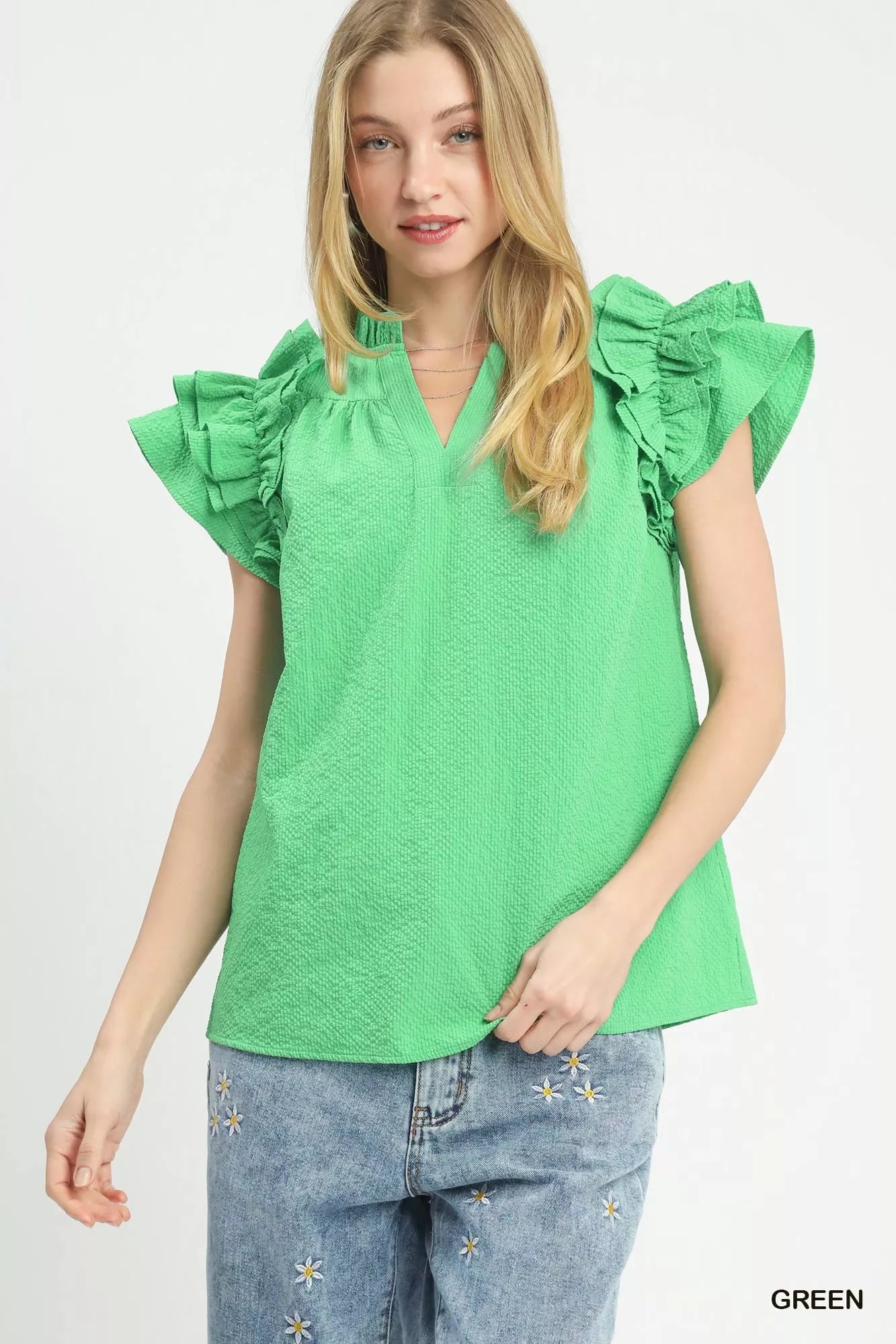 Umgee Green Textured Ruffle Sleeve Notched Top Front