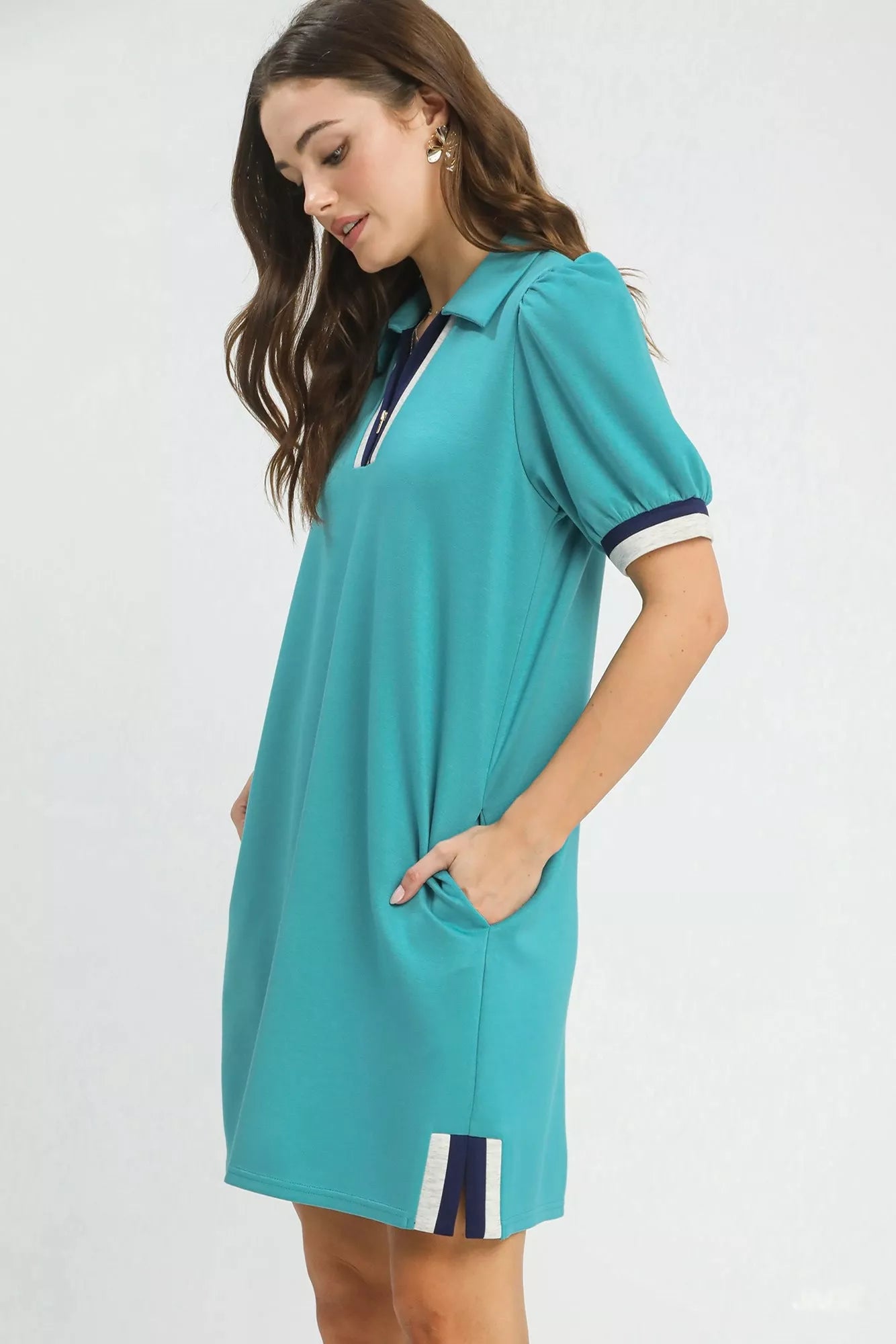 Umgee Jade Green Color Block Zip Front Shift Dress With Pockets Side View