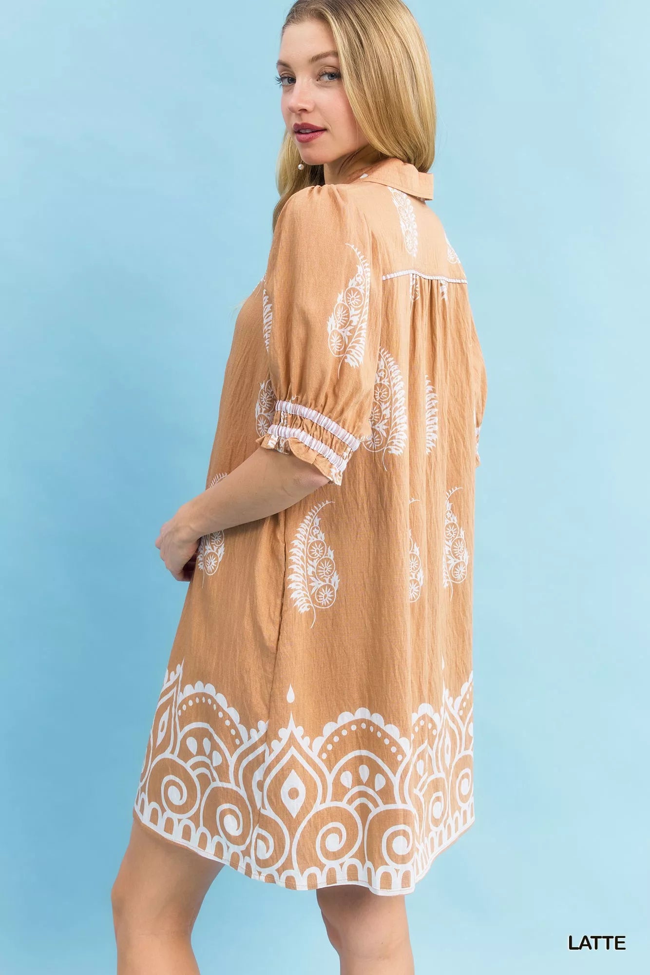 Umgee Latte Paisley Mandala Print Babydoll Dress Back