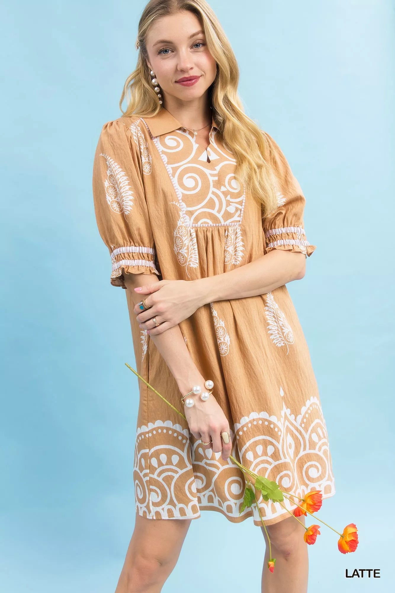 Umgee Latte Paisley Mandala Print Babydoll Dress Front