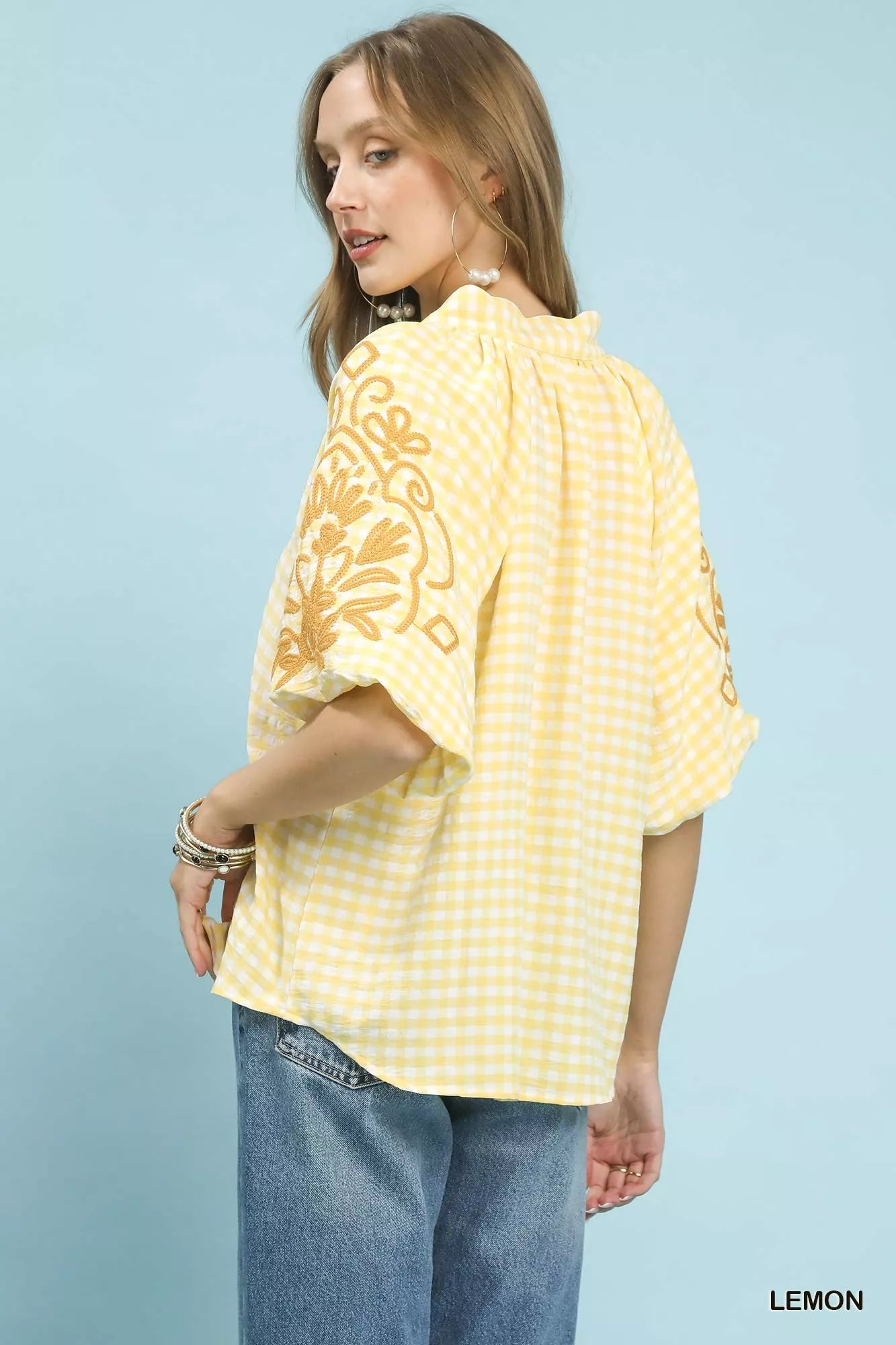 Umgee Lemon Yellow Gingham Embroidered Balloon Sleeve Top Back View