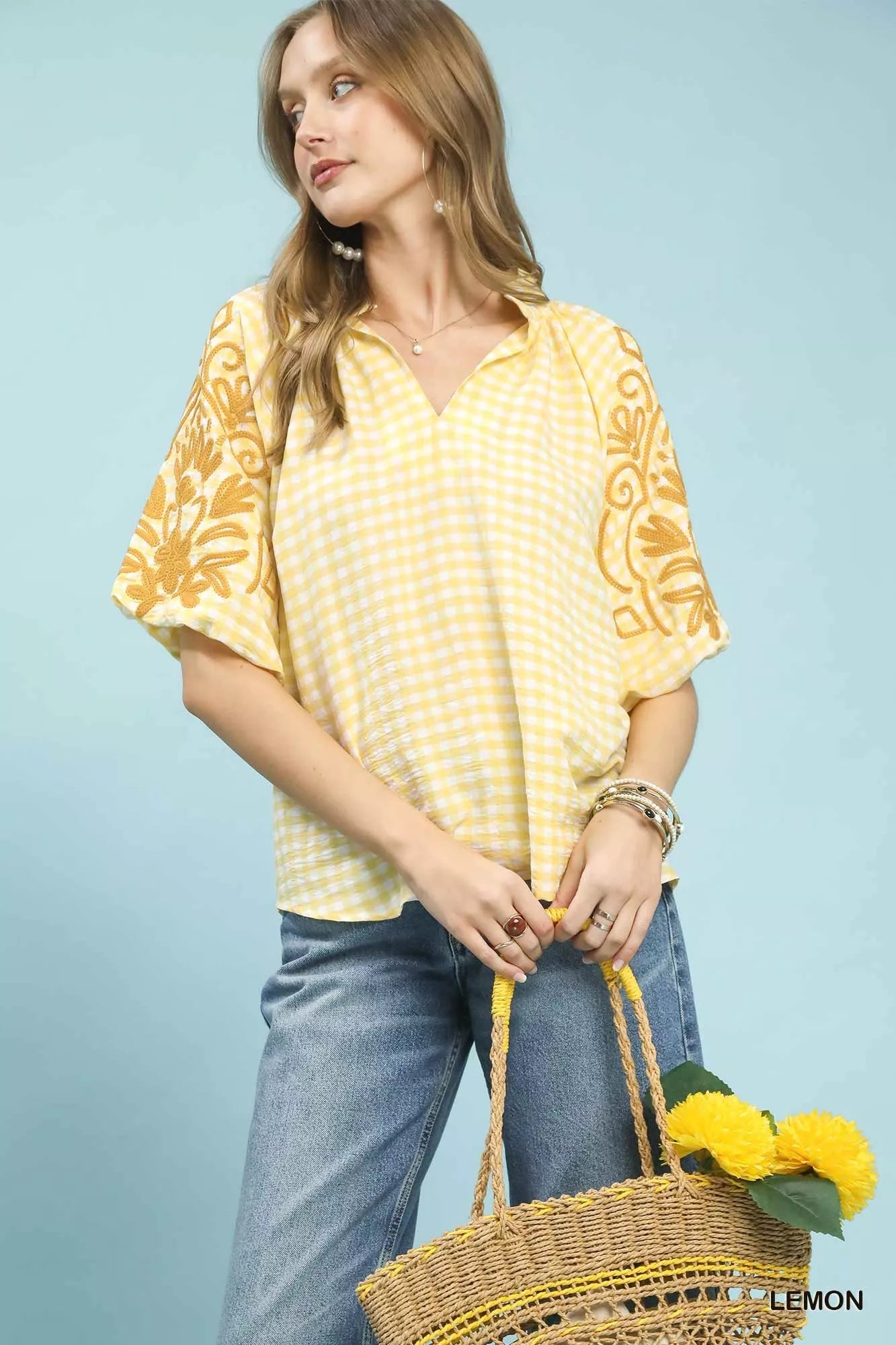 Umgee Lemon Yellow Gingham Embroidered Balloon Sleeve Top Front View
