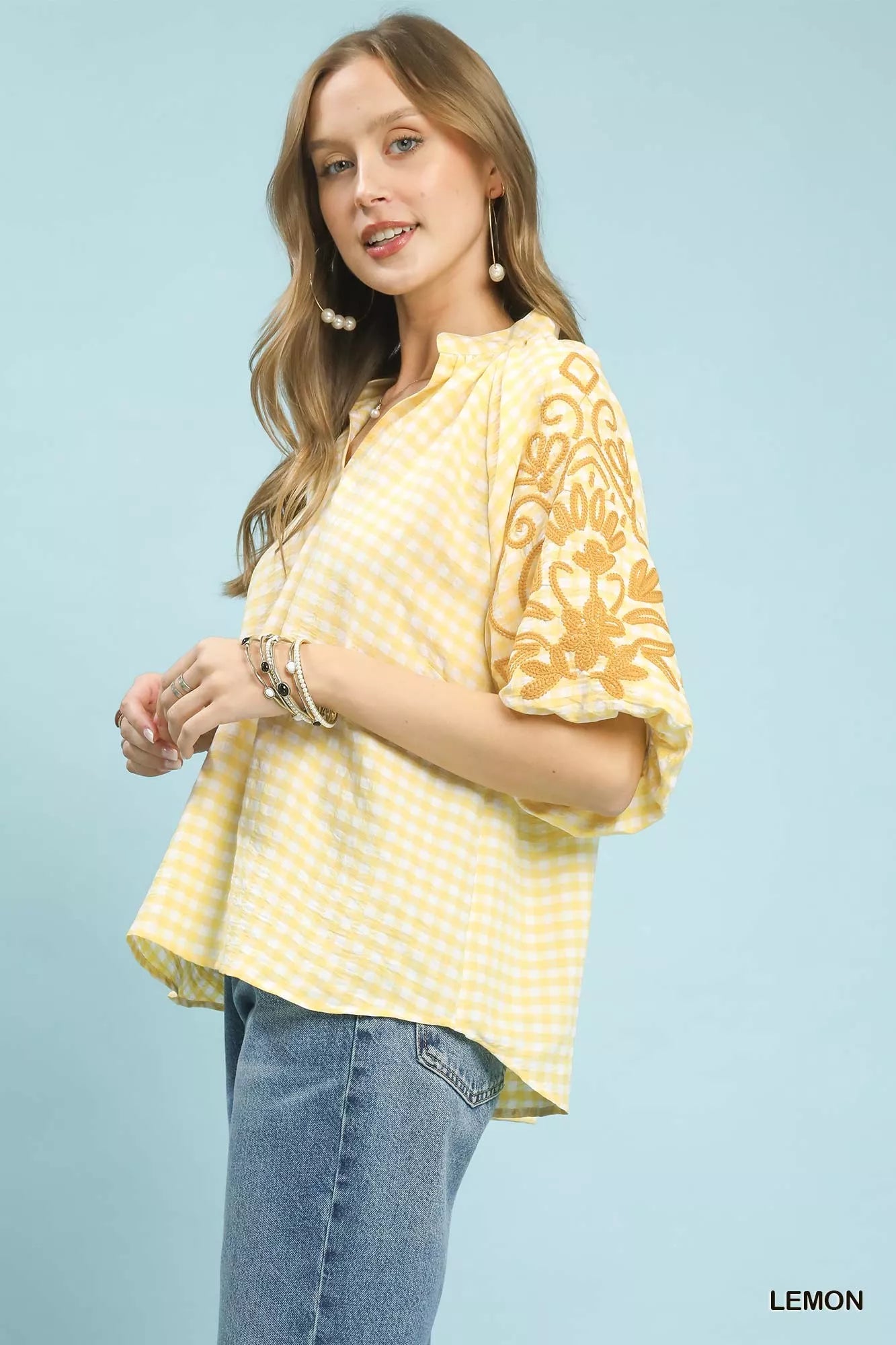 Umgee Lemon Yellow Gingham Embroidered Balloon Sleeve Top Side View