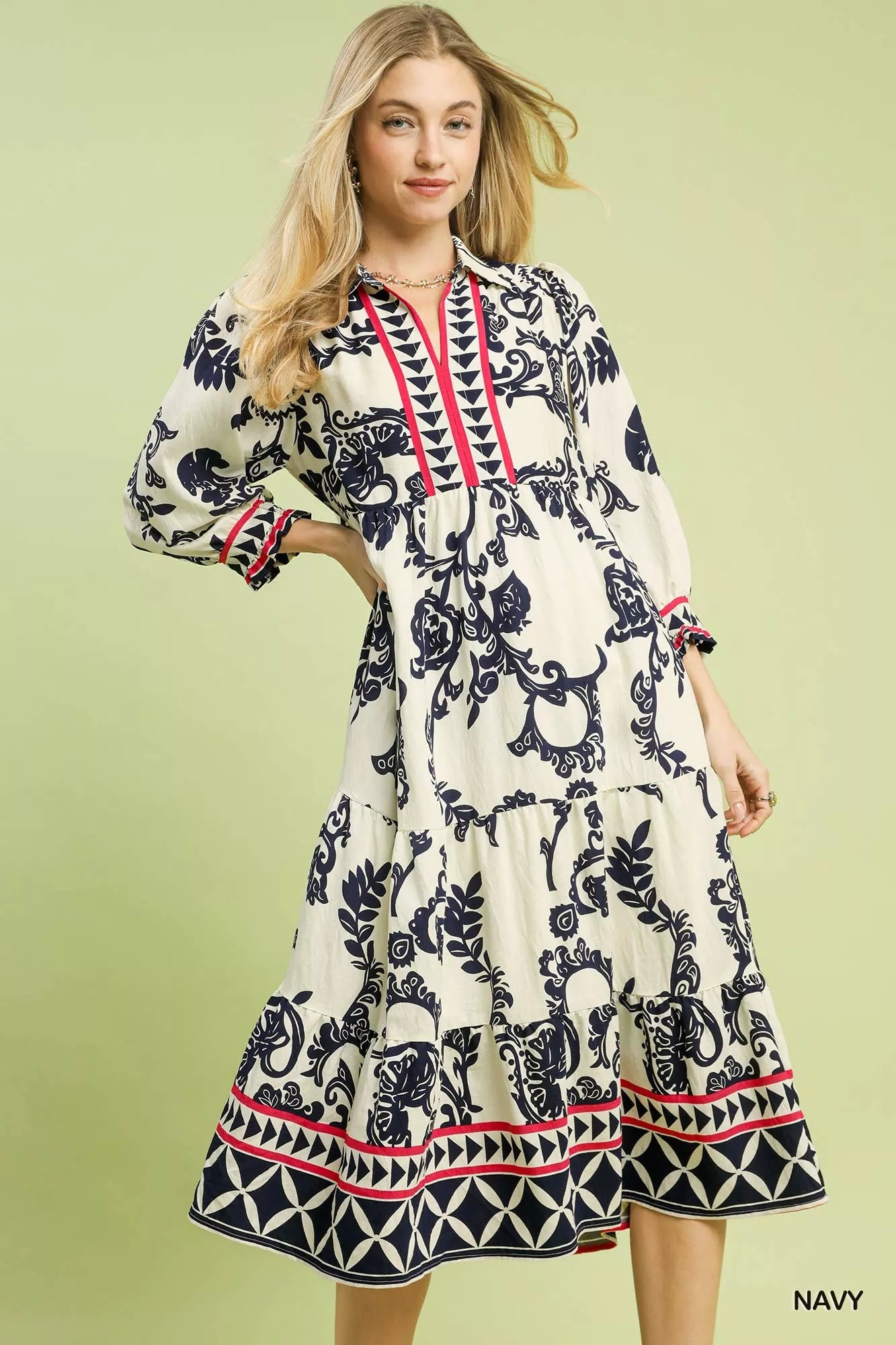 Umgee Navy Boho Print Tiered Midi Dress Front