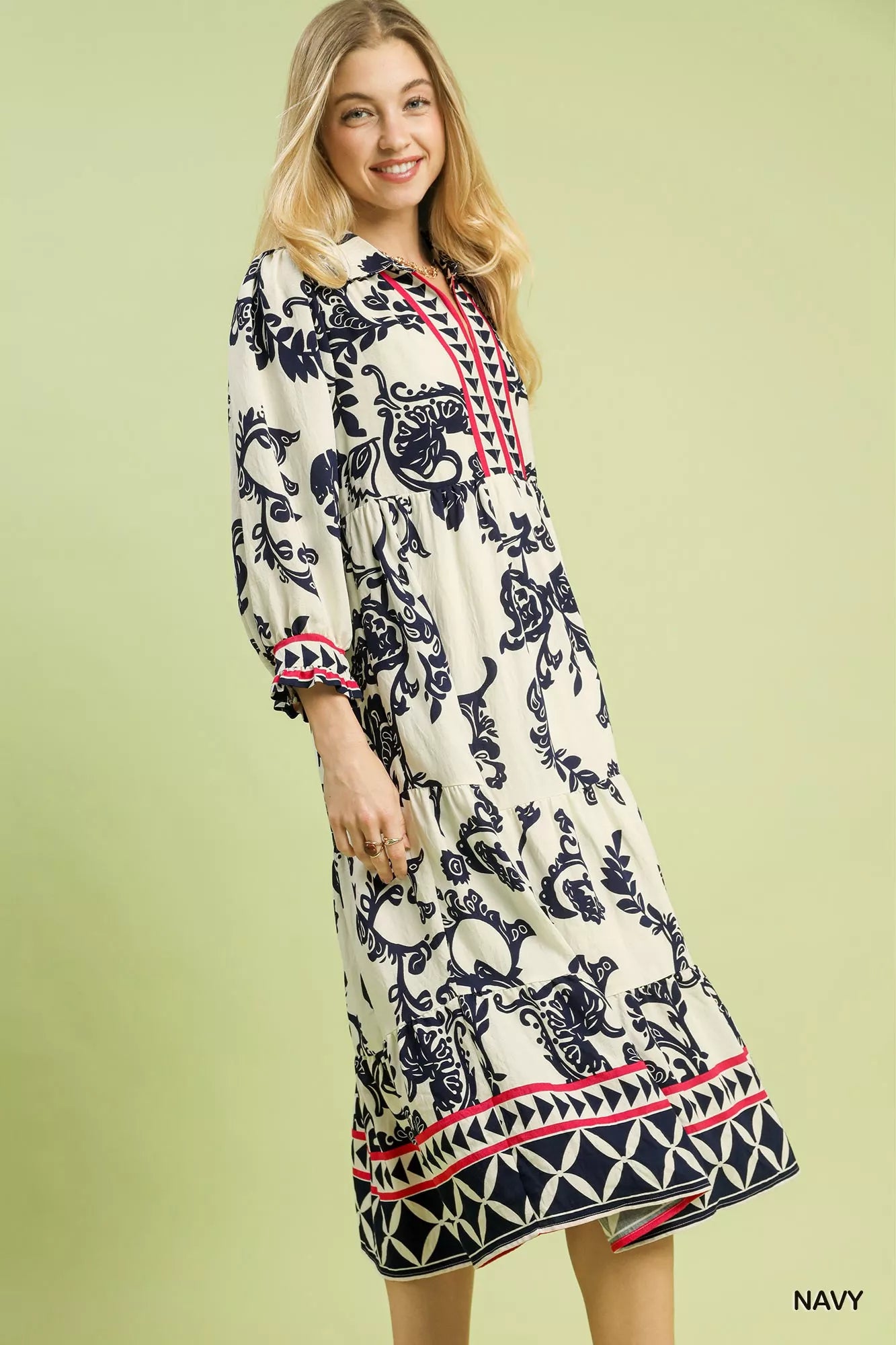 Umgee Navy Boho Print Tiered Midi Dress Side