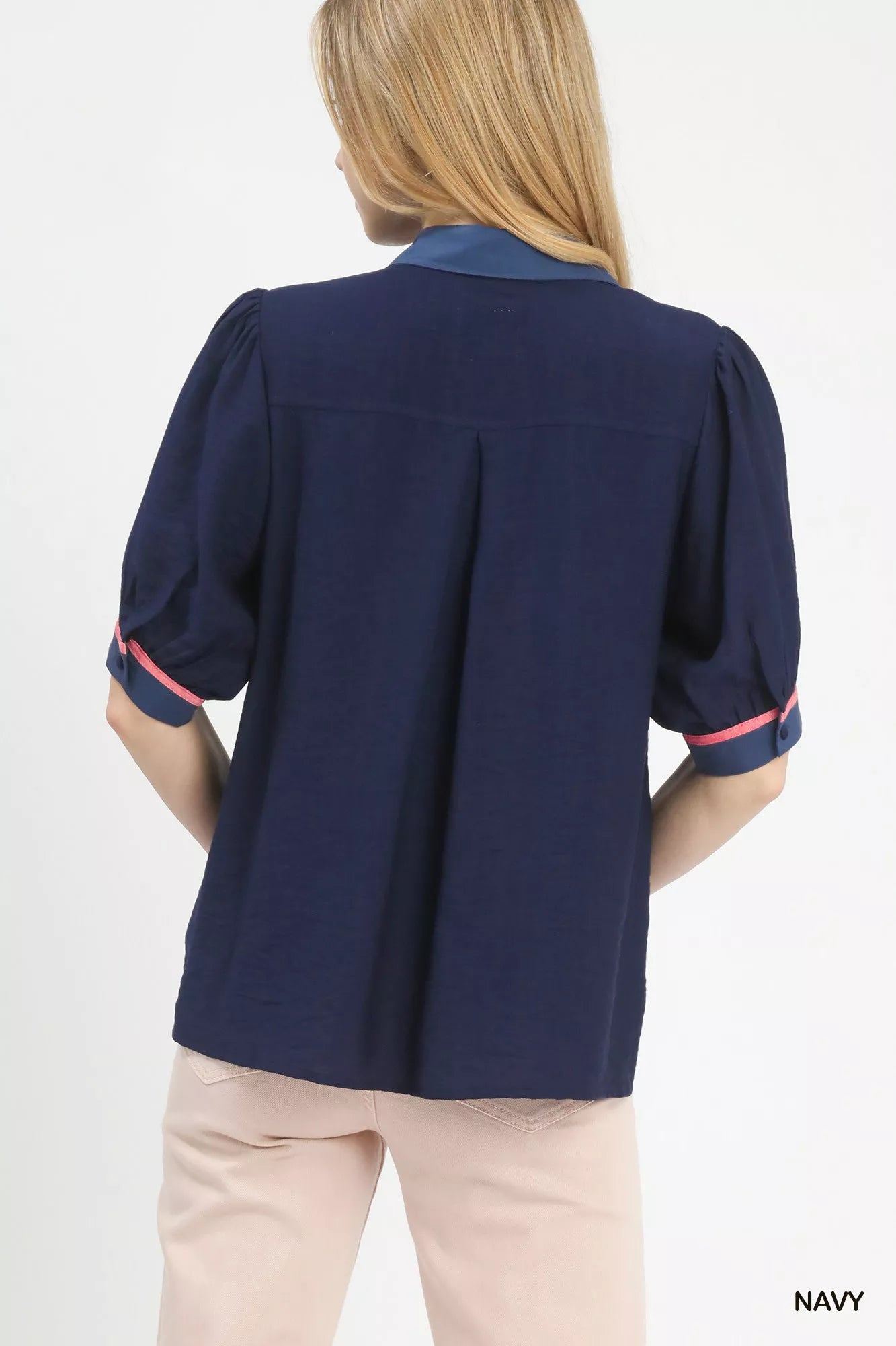 Umgee Navy Embroidered Puff Sleeve Contrast Trim Top Back