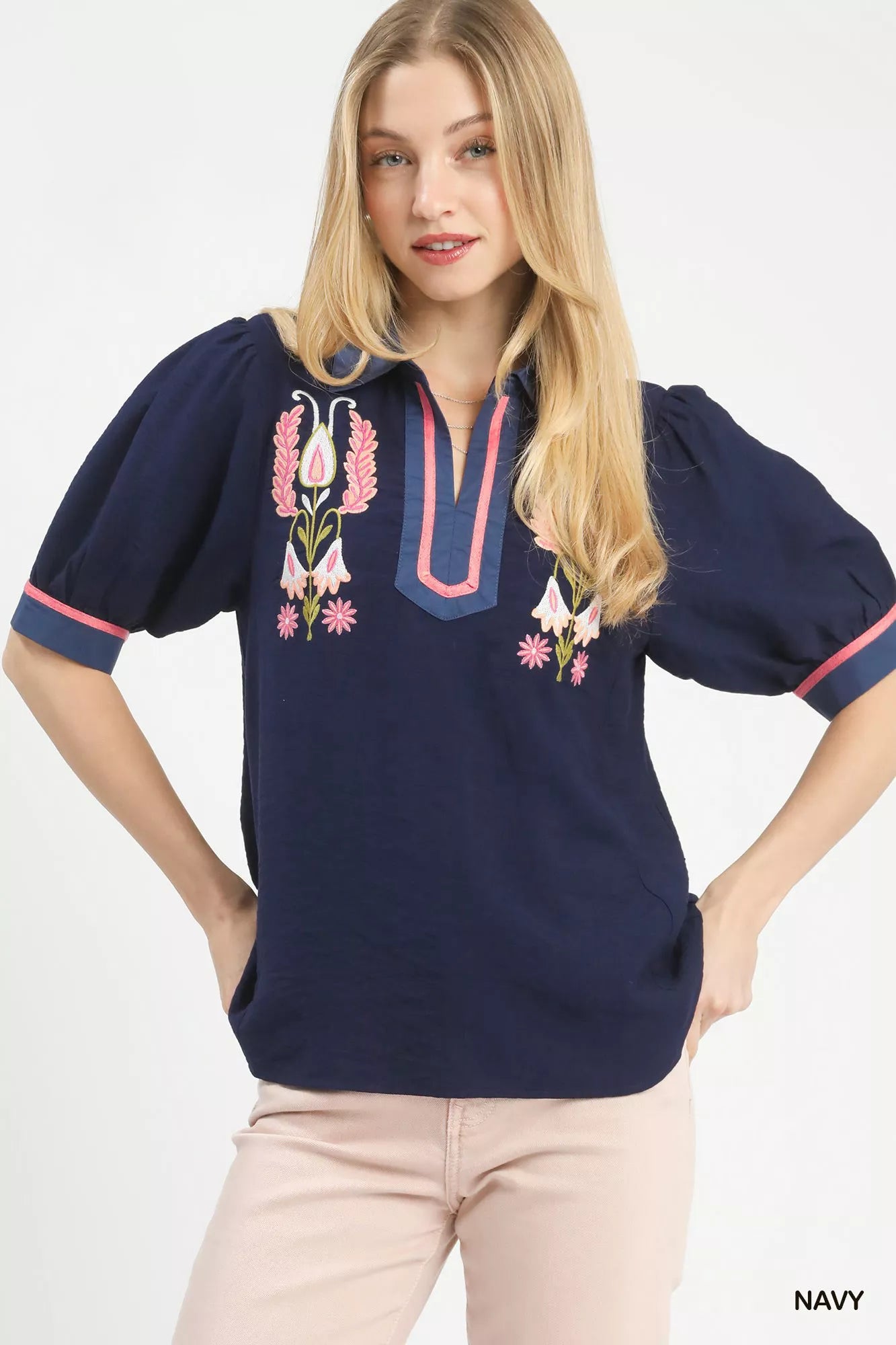 Umgee Navy Embroidered Puff Sleeve Contrast Trim Top Front