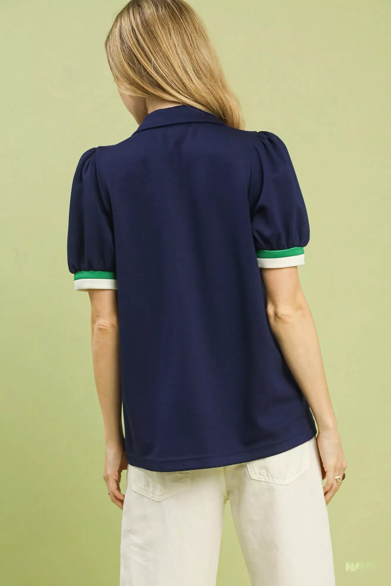Umgee Navy Puff Sleeve 1/2 Zip Front Top with Green/White Contrast Striped Trim Back