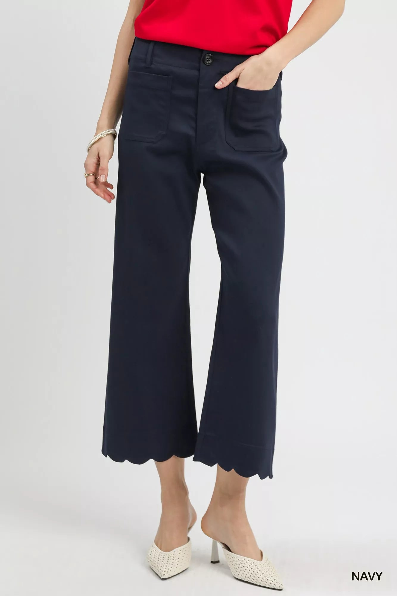 Umgee Navy Scallop Hem Wide Leg Pants Front