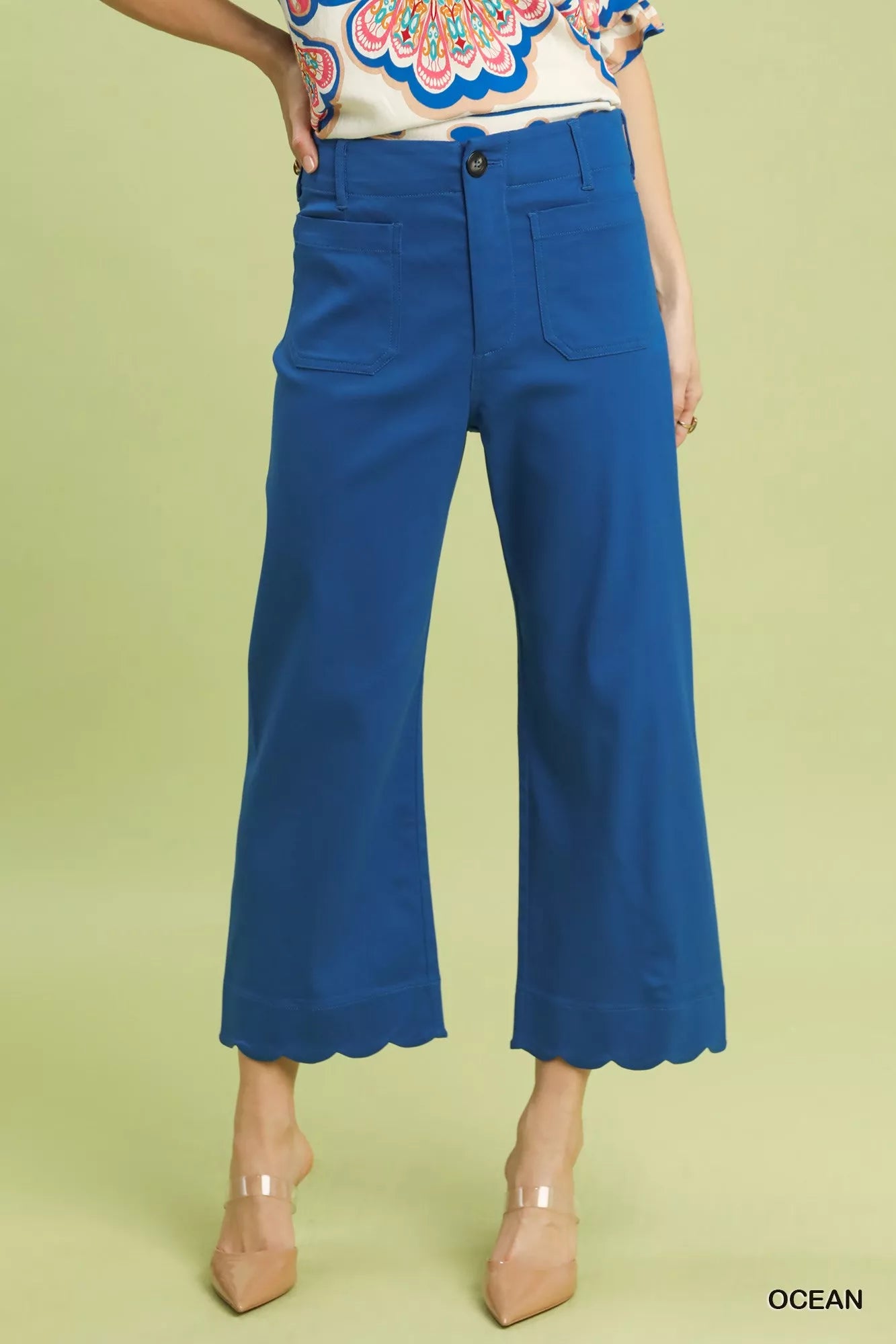 Umgee Ocean Blue Scallop Hem Wide Leg Pants Front