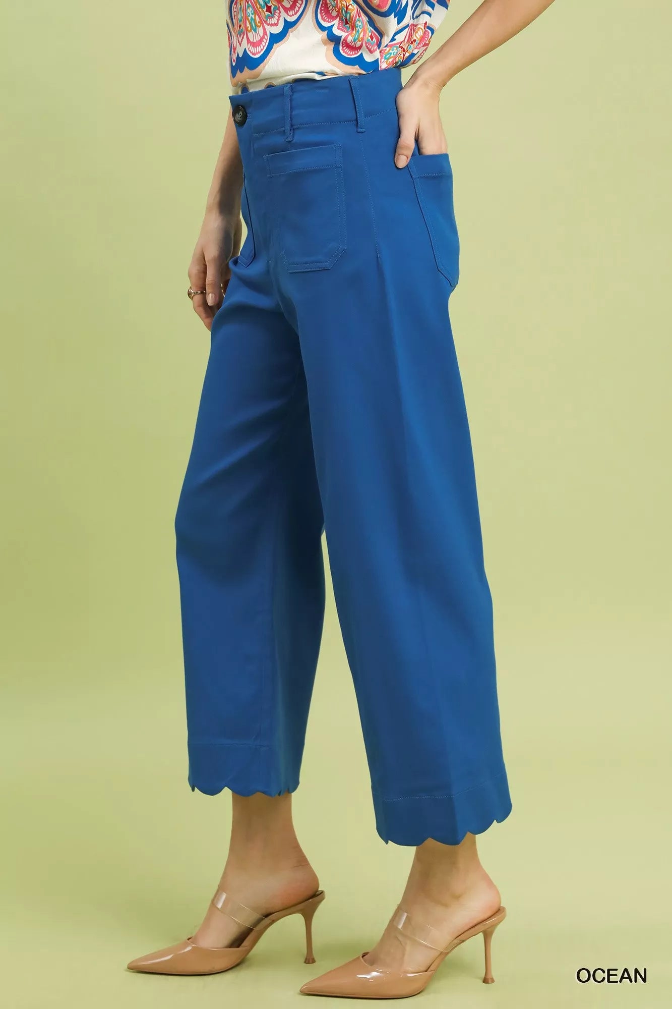 Umgee Ocean Blue Scallop Hem Wide Leg Pants Side