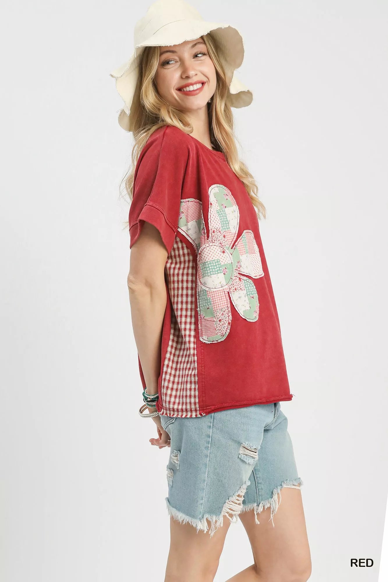 Umgee Red Mineral Wash French Terry Top W/ Flower Side