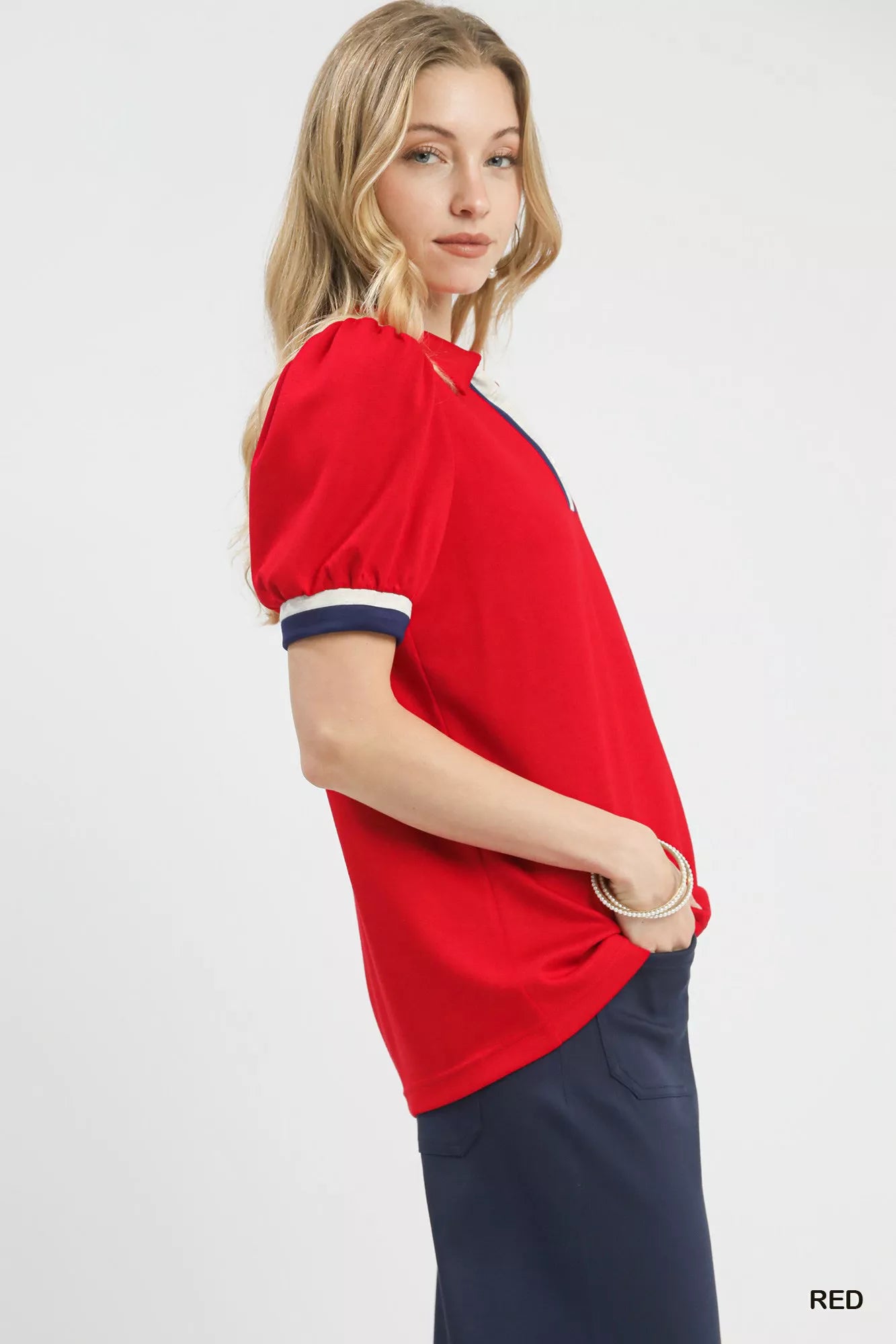 Umgee Red Puff Sleeve Zip Front Top with Contrast Striped Trim Side