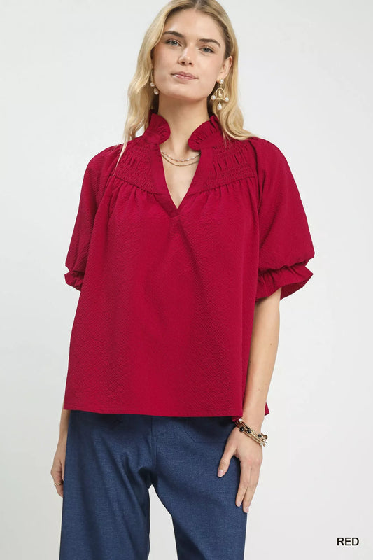 Umgee Red Textured Smocked Yoke Split-Neck Top Front View