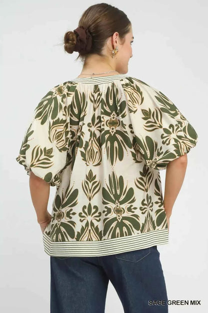Umgee Sage Green Mix Printed Puff Sleeve Top with Contrast Trim Back View