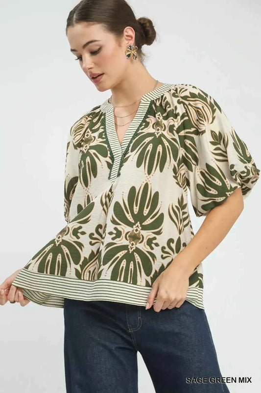 Umgee Sage Green Mix Printed Puff Sleeve Top with Contrast Trim Front View