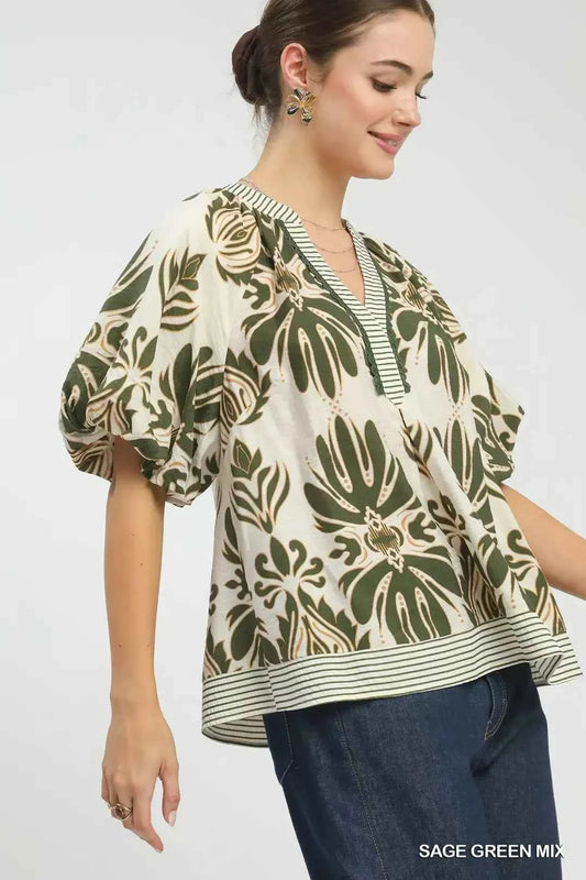 Umgee Sage Green Mix Printed Puff Sleeve Top with Contrast Trim Side View