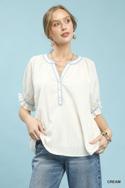 Umgee Textured Split Neck Puff Sleeve Top Front View