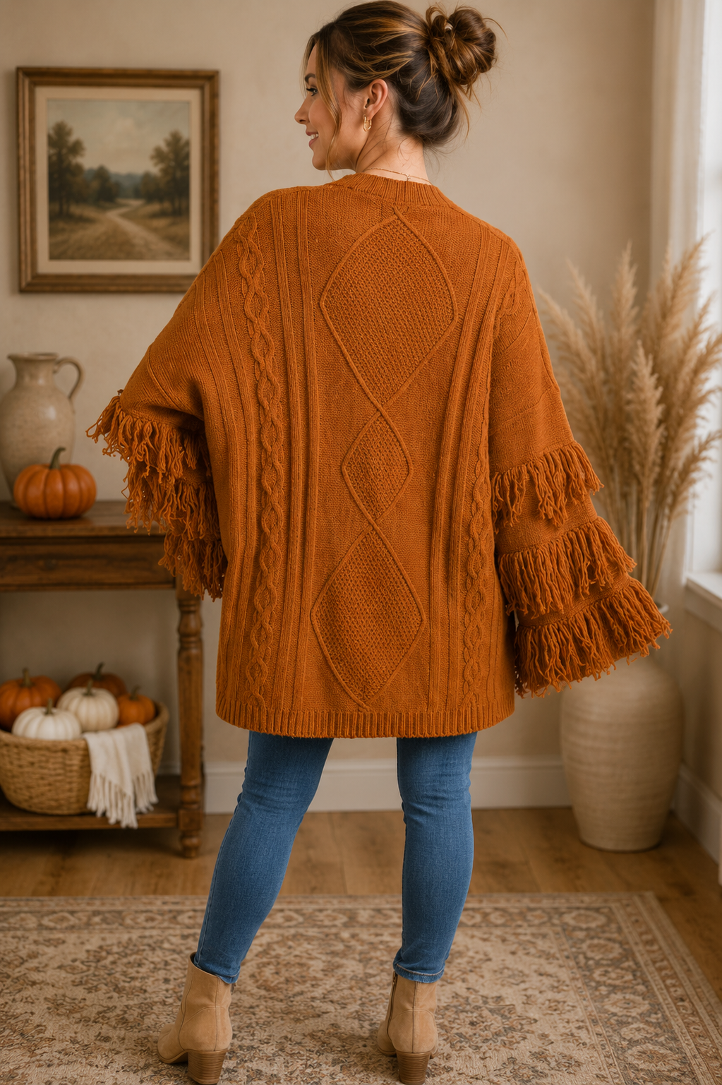 Umgee fringe sleeve open front cardigan sweater styled as a boutique layering piece back view