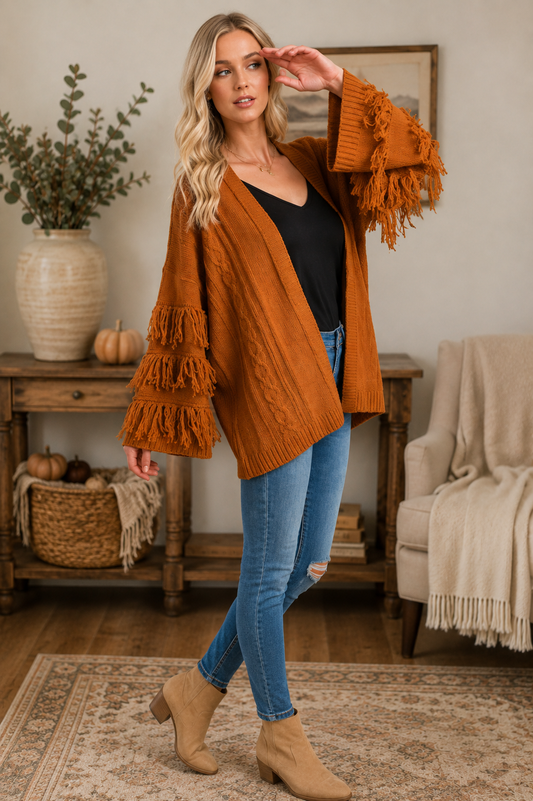 Umgee fringe sleeve open front cardigan sweater styled as a boutique layering piece front view