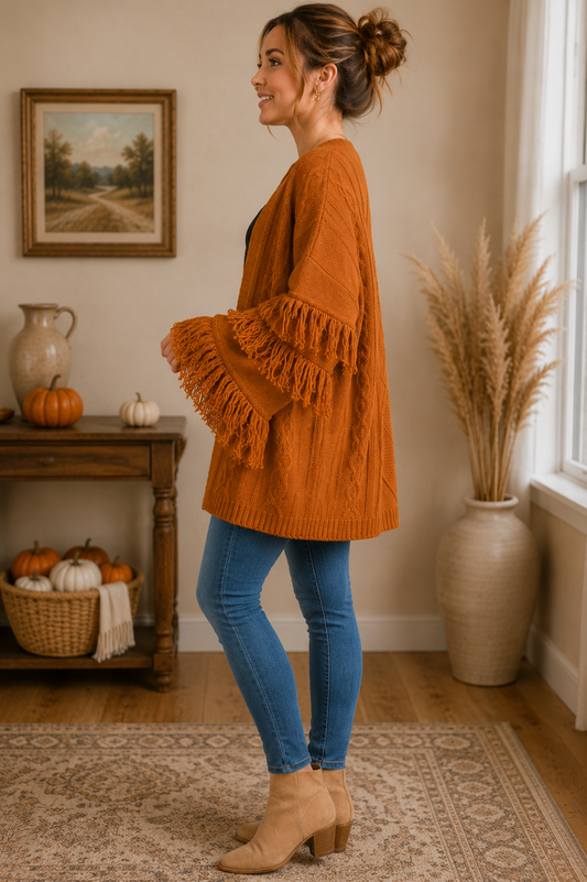 Umgee fringe sleeve open front cardigan sweater styled as a boutique layering piece side view