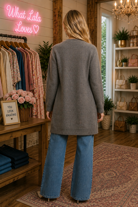 Umgee longline button front knit cardigan with pockets styled in a boutique grey back view