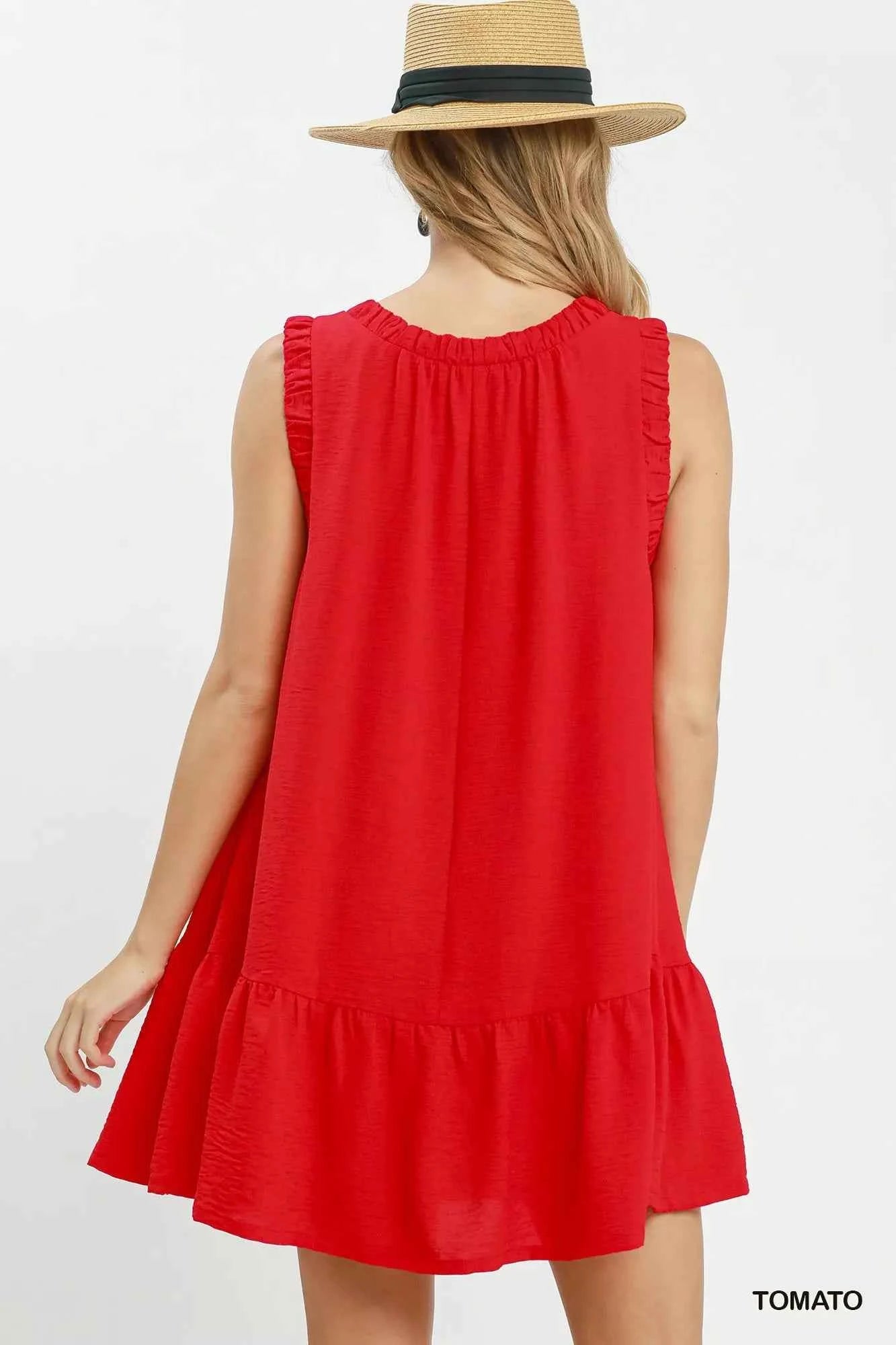 Tomato Red Ruffle Trim Sleeveless Swing Mini Dress with Pockets by Umgee