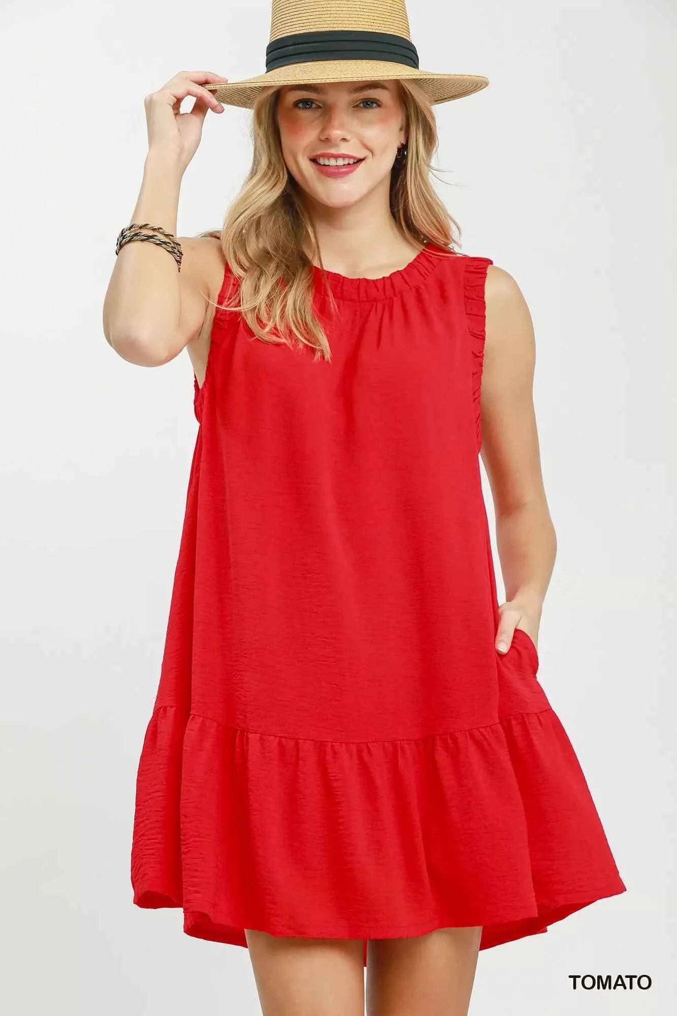 Tomato Red Ruffle Trim Sleeveless Swing Mini Dress with Pockets by Umgee