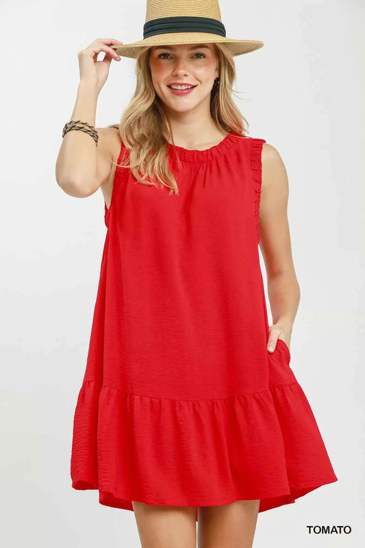 Tomato Red Ruffle Trim Sleeveless Swing Mini Dress with Pockets by Umgee