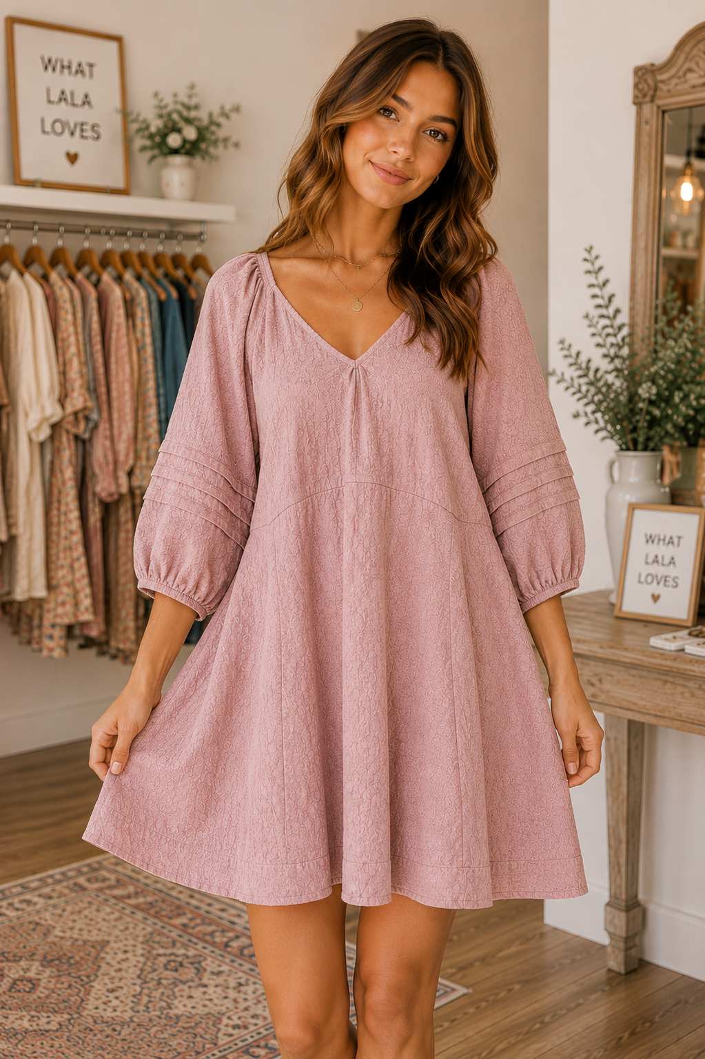 Umgee women's cotton mini dress with V-neckline, puff sleeves, relaxed A-line silhouette and back tie detail light mauve front view