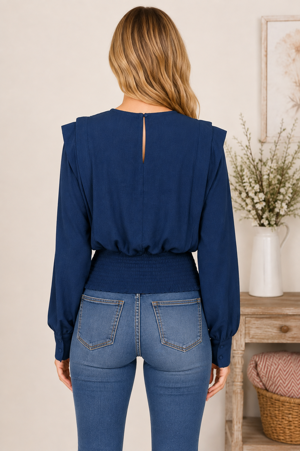 Umgee women's long sleeve smocked waist blouse with gathered front, full sleeves and keyhole back. Back View