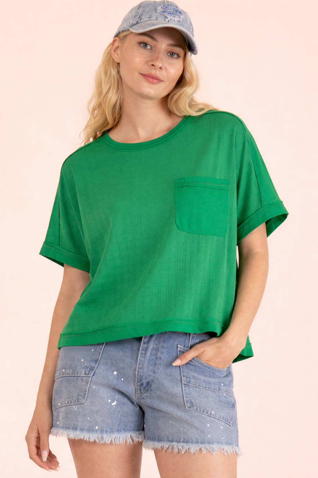 VERY J kelley green textured knit dolman sleeve top with patch pocket and raw-edge details
