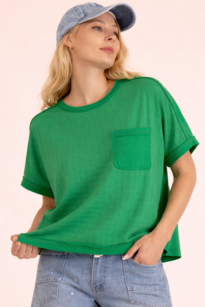 VERY J kelley green textured knit dolman sleeve top with patch pocket and raw-edge details 2