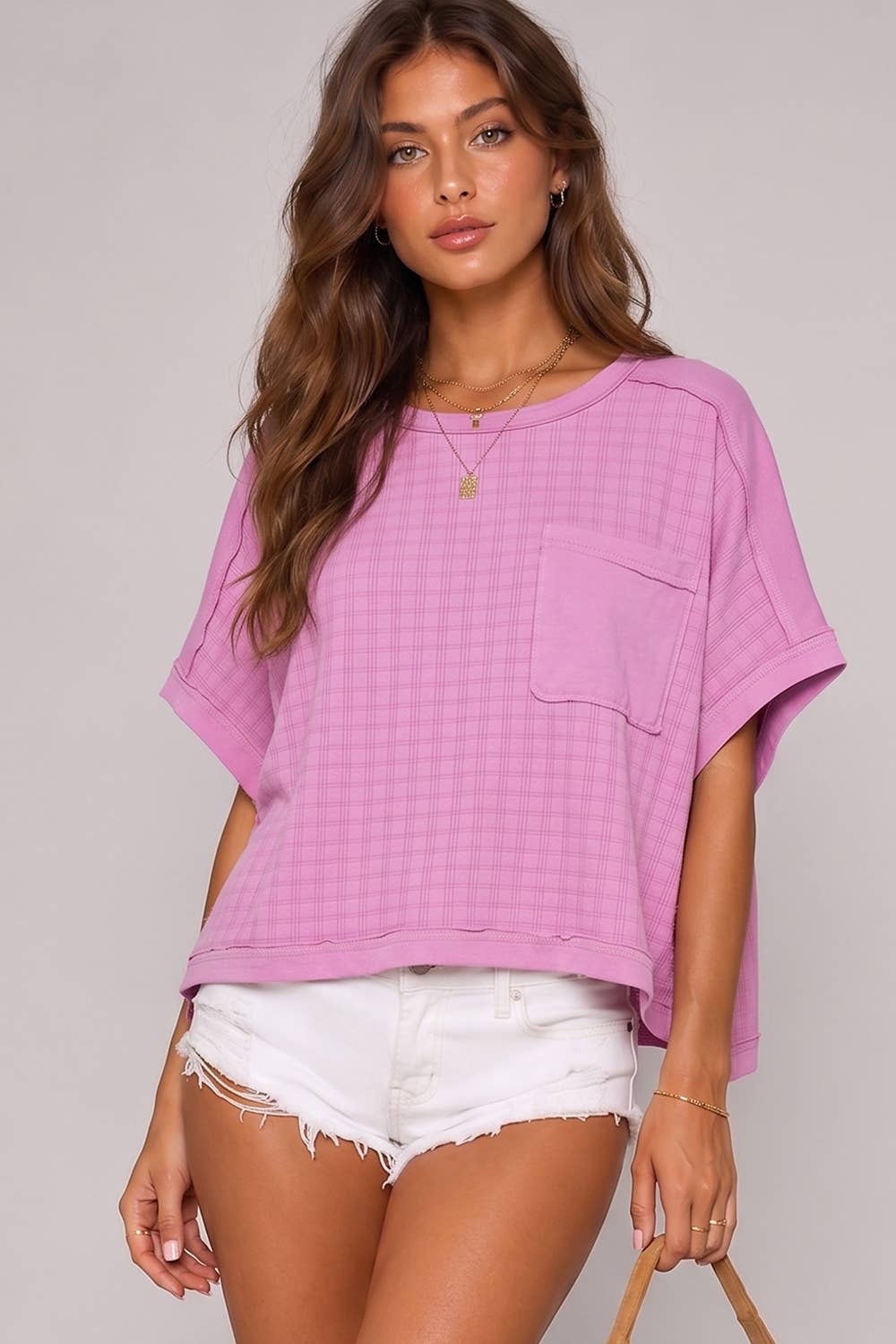 VERY J orchid textured knit dolman sleeve top with patch pocket and raw-edge details