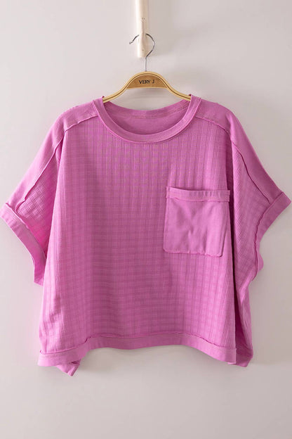 VERY J orchid textured knit dolman sleeve top with patch pocket and raw-edge details 2