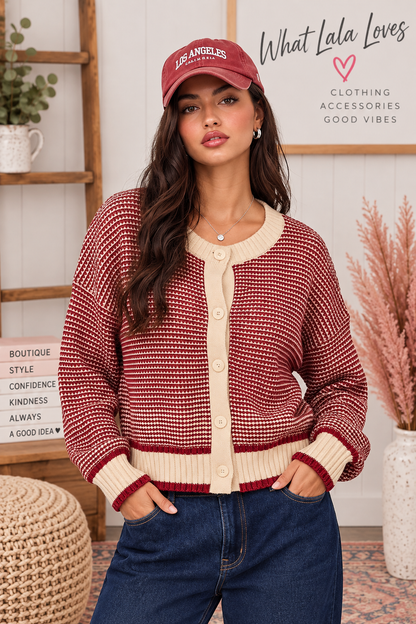 VERY J red and cream textured knit cardigan with button front