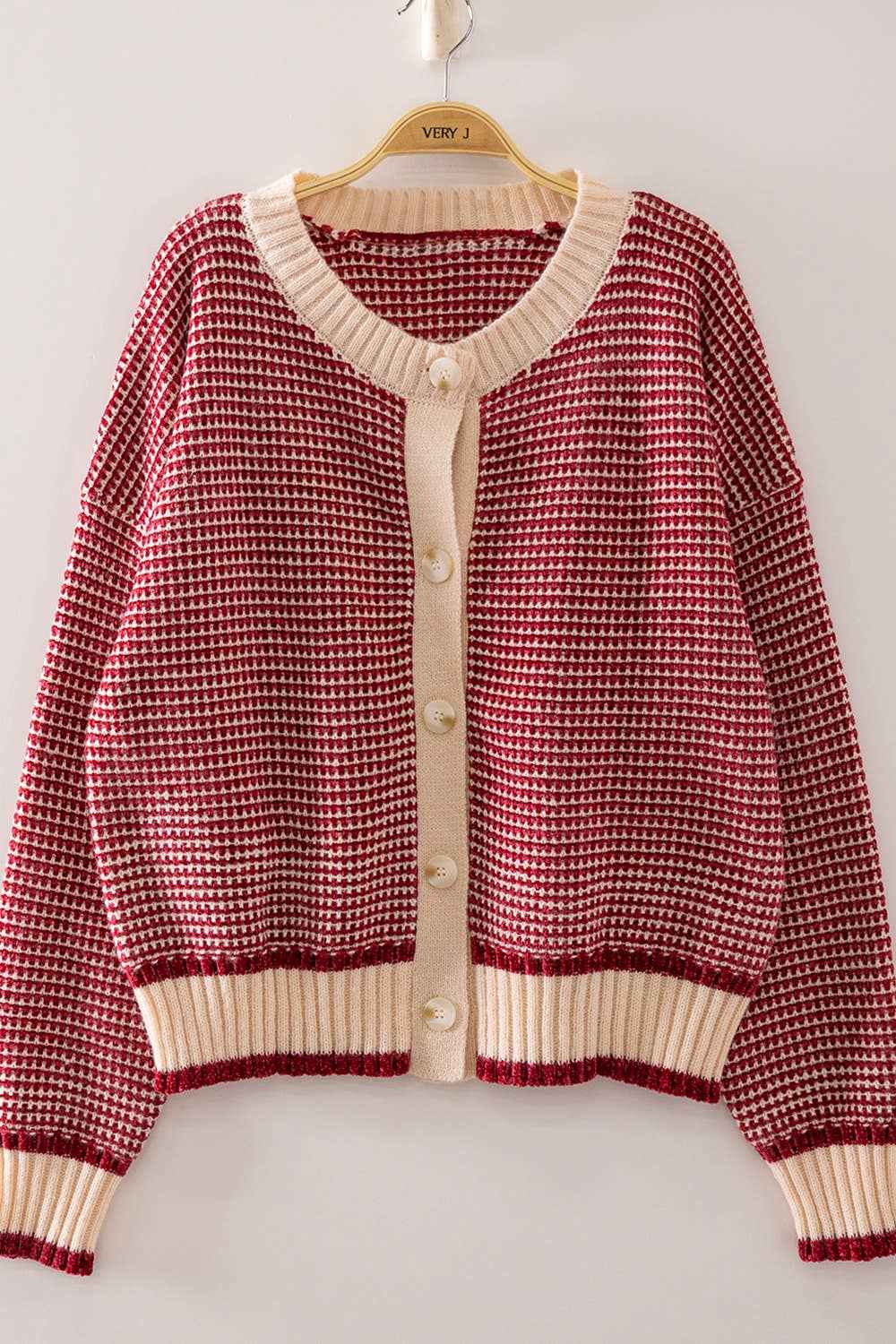 VERY J red and cream textured knit cardigan with button front