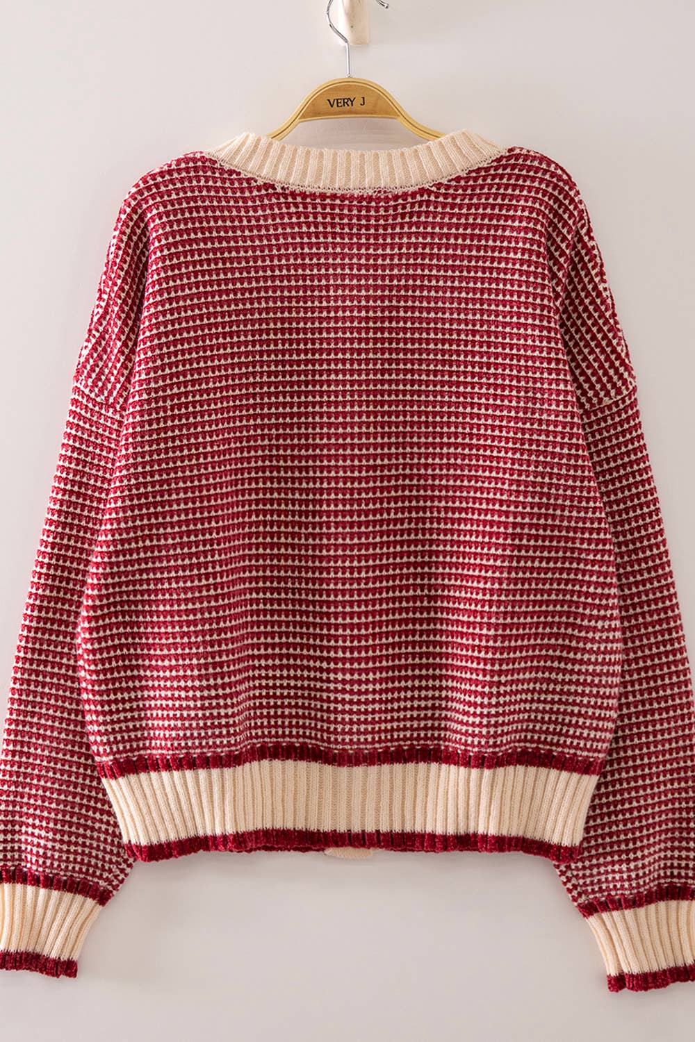 VERY J red and cream textured knit cardigan with button front