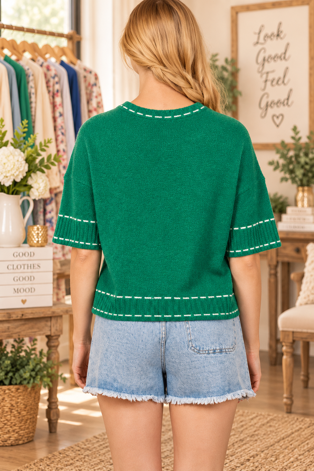 VERY J stitch detail knit sweater top with round neckline, short sleeves, patch pocket, and ribbed hem back view