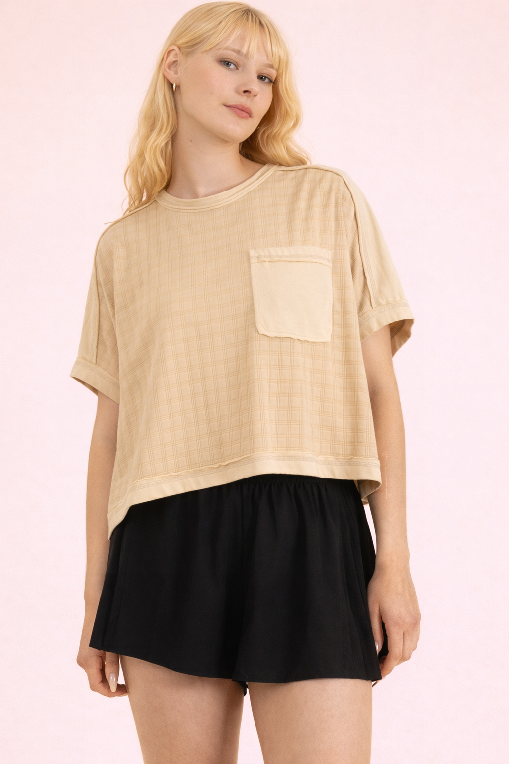 VERY J taupe textured knit dolman sleeve top with patch pocket and raw-edge details