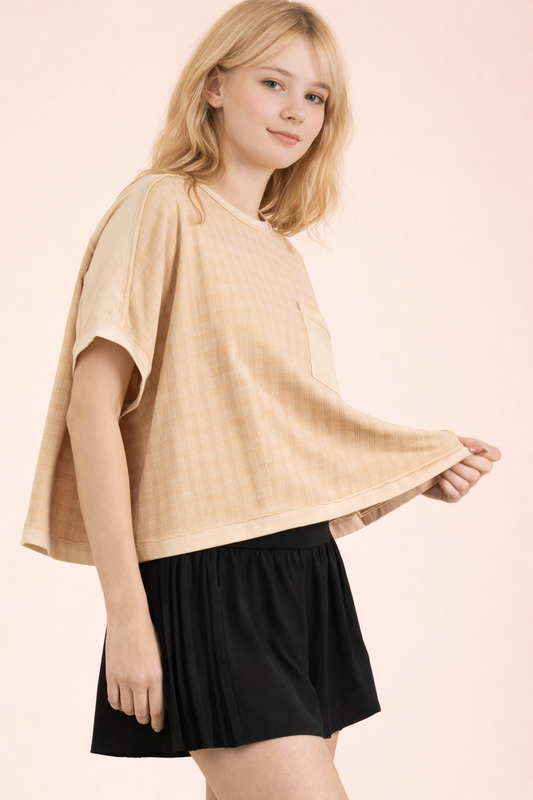 VERY J taupe textured knit dolman sleeve top with patch pocket and raw-edge details 2